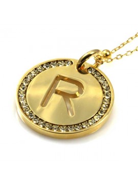 collana con lettera iniziale r in bronzo dorato e strass a cerchio