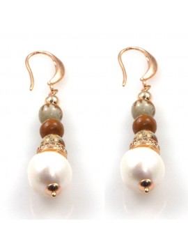 orecchini donna pendenti in bronzo dorato paesina perle sfera di strass occ0344